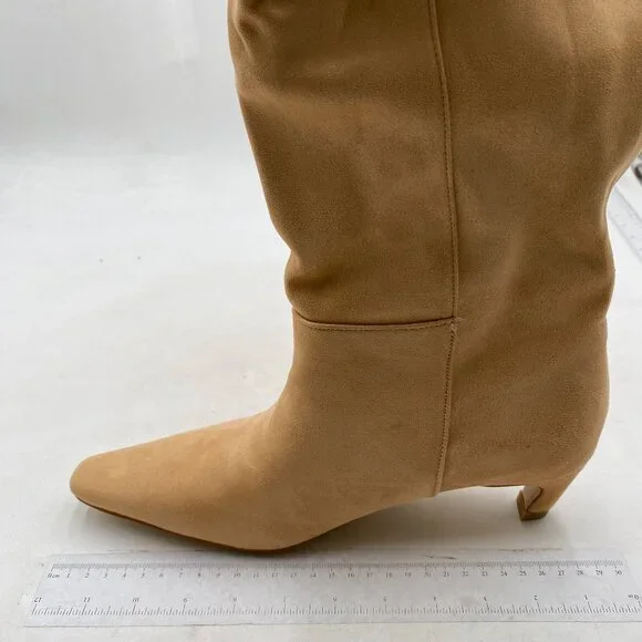 NWT Women Stretchy Knee High Boots Closed Square Toe Low Kitten Heel Nude - Picture 2 of 8